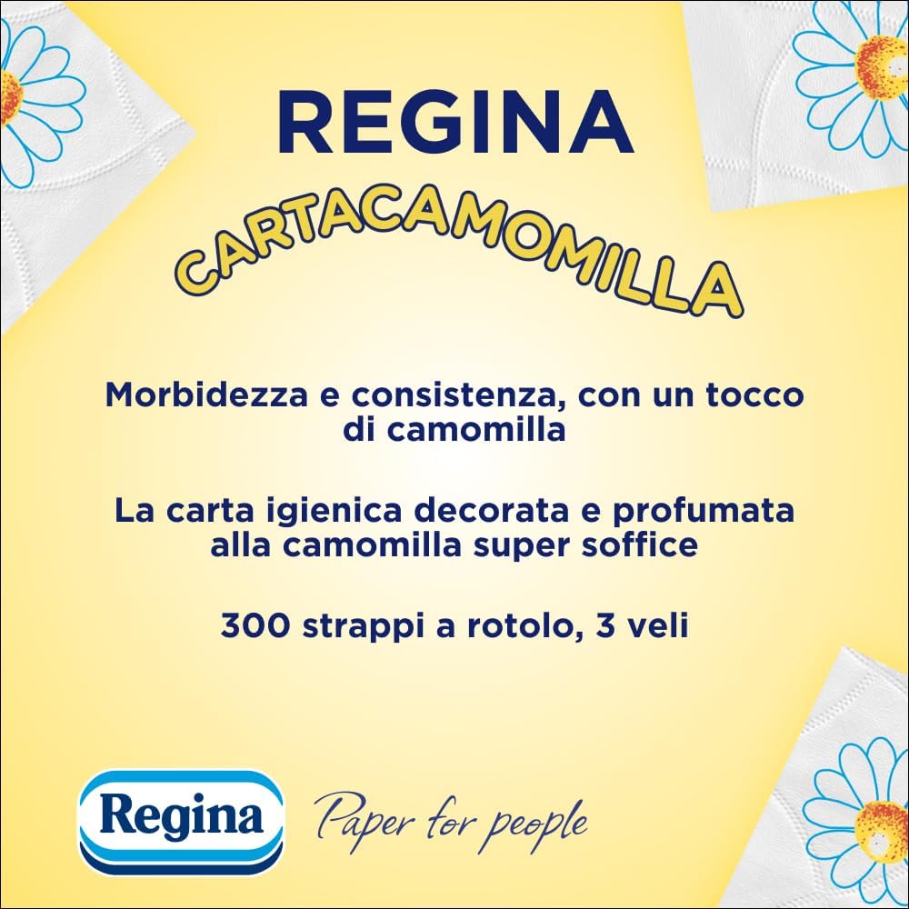 Regina Carta Igienica Camomilla 4 Rotoli | 3 Veli Ultra Soffici | Pura Cellulosa FSC® e Profumazione Delicata