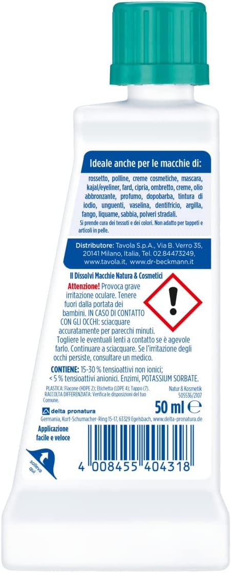 Dr. Beckmann | Dissolvi Macchie Natura & Cosmetici 50ml | Rimuove Erba, Make-up, Rossetto, Polline e Terra | Delicato sulle Fibre | Per Tessuti Lavabili e Non Lavabili
