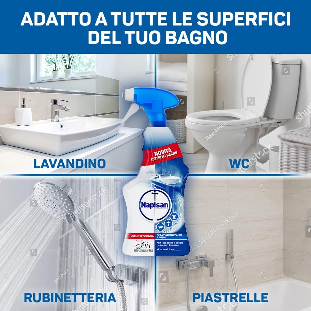 Napisan Bagno Spray Igienizzante 750ml | Anticalcare & Antibatterico con Ossigeno Attivo | Rimuove Calcare e Residui di Sapone