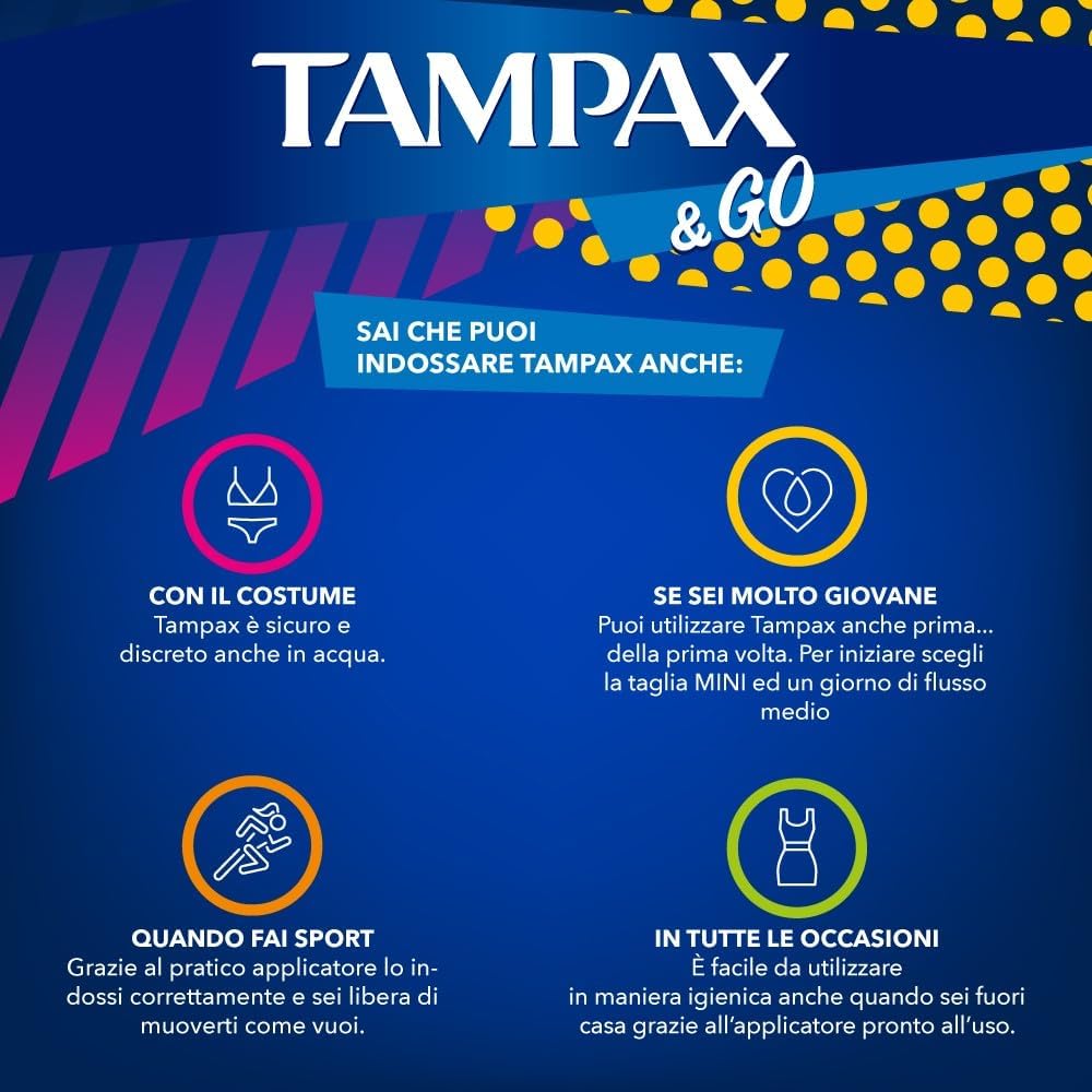 Tampax & GO Mini Assorbenti Interni 18 Pezzi | Applicatore Facile e Cordino Anti-Perdita – Flusso Leggero