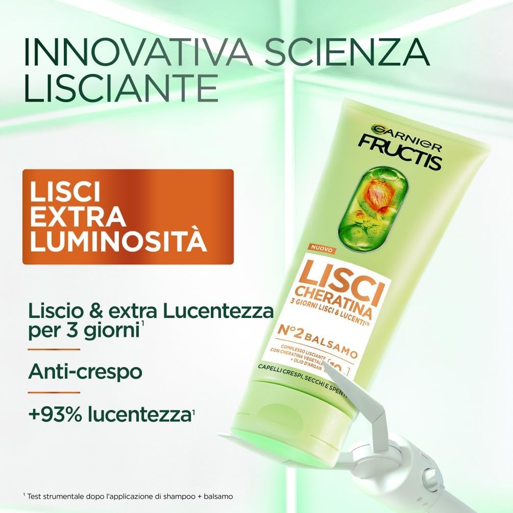 Garnier Fructis Lisci Cheratina Balsamo 200ml – Trattamento Lisciante Anti-Crespo con Cheratina Vegetale e Olio d'Argan – Effetto Brillantezza +93%