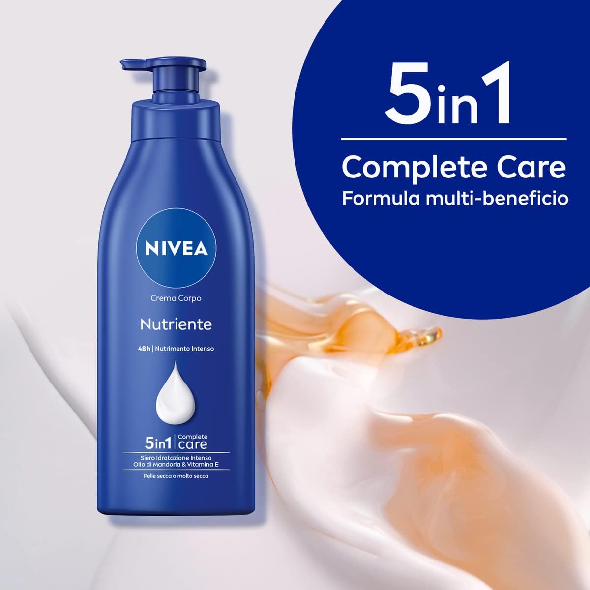 NIVEA Crema Corpo Nutriente 5in1 500ml Fluido Idratante 48h con Olio di Mandorla e Vitamina E per Pelle Secca e Molto Secca Maxi Formato con Dispenser Avella Magazzini