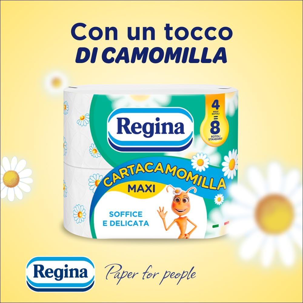 Regina Carta Igienica Camomilla 4 Rotoli | 3 Veli Ultra Soffici | Pura Cellulosa FSC® e Profumazione Delicata