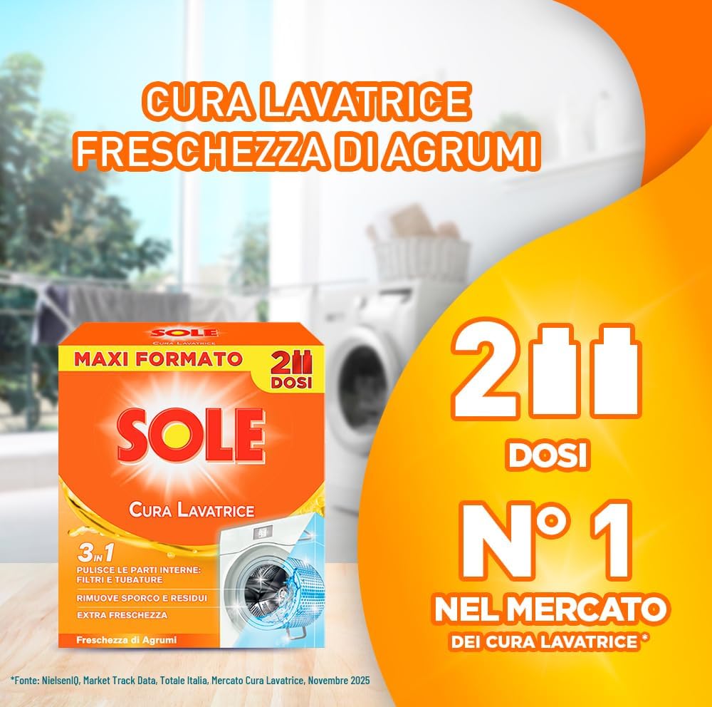 Sole Cura Lavatrice 3in1 agli Agrumi | Pulizia Profonda e Anticalcare | Igienizza e Protegge la Lavatrice | 2 Dosi