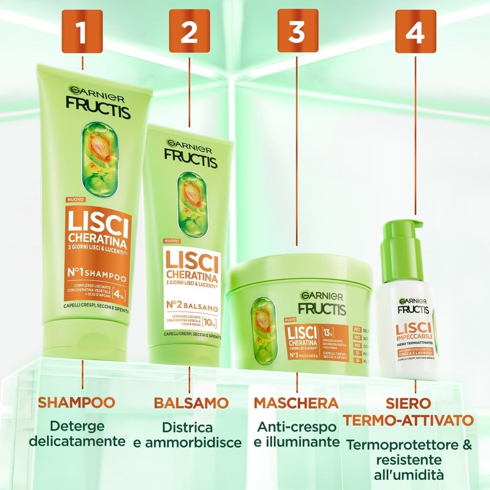 Garnier Fructis Lisci Cheratina Balsamo 200ml – Trattamento Lisciante Anti-Crespo con Cheratina Vegetale e Olio d'Argan – Effetto Brillantezza +93%