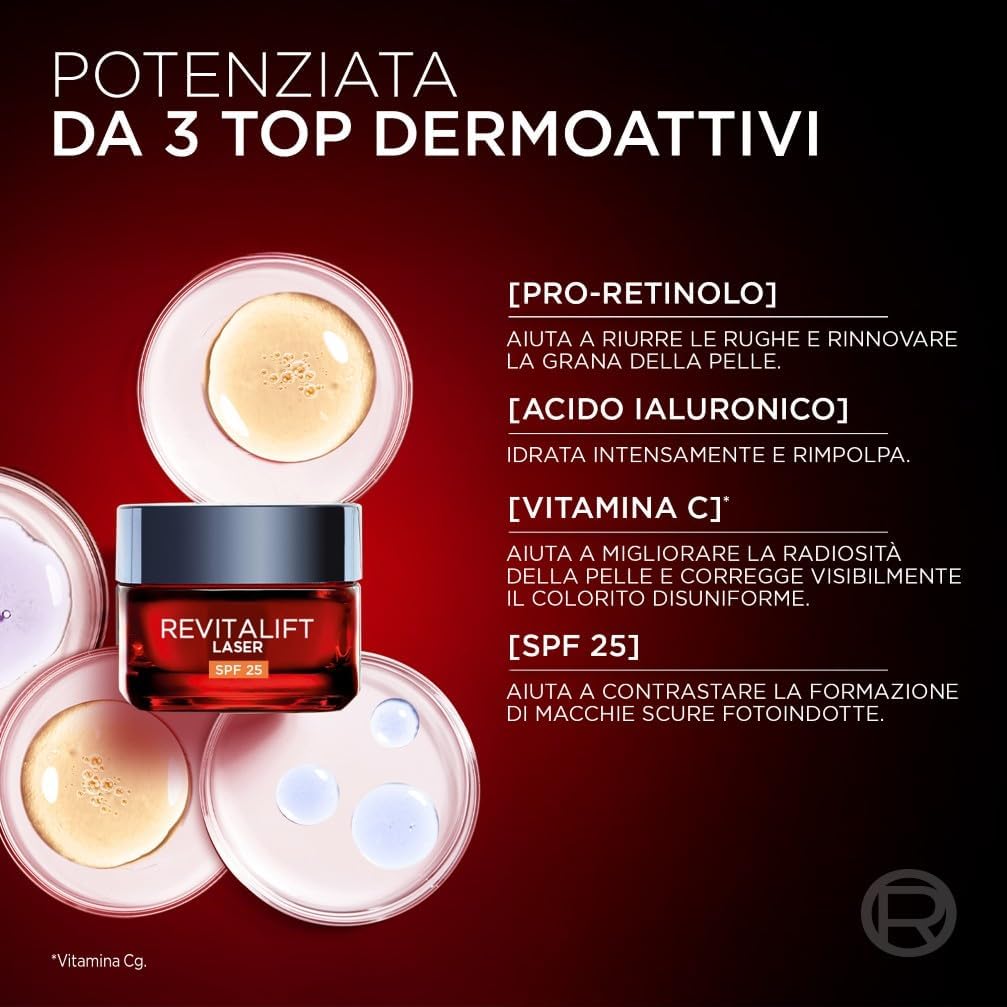 L'Oréal Paris Revitalift Laser Crema Giorno Anti-Età SPF 25 50 ml | Antirughe, Anti-Macchie e Ridensificante – Pro-Retinolo, Acido Ialuronico e Vitamina Cg