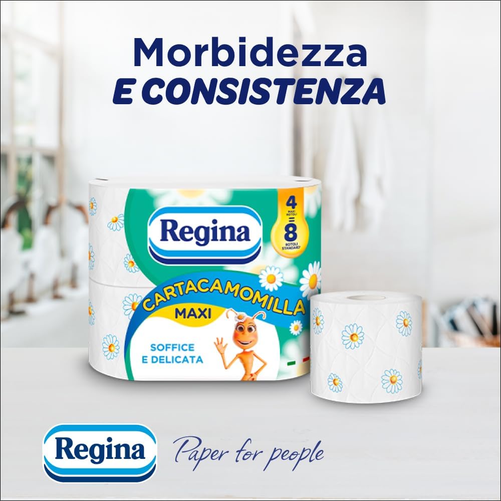 Regina Carta Igienica Camomilla 4 Rotoli | 3 Veli Ultra Soffici | Pura Cellulosa FSC® e Profumazione Delicata