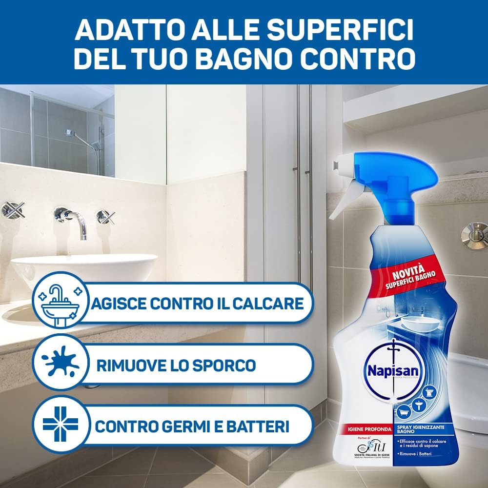 Napisan Bagno Spray Igienizzante 750ml | Anticalcare & Antibatterico con Ossigeno Attivo | Rimuove Calcare e Residui di Sapone