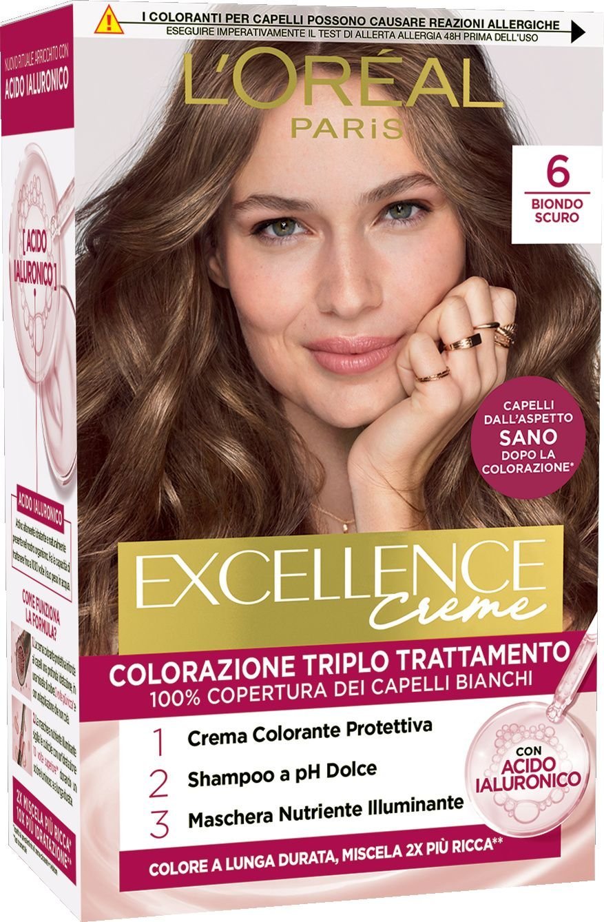 L'Oréal Paris Excellence Crème – Colorazione Permanente Triplo Trattamento con Acido Ialuronico – 100% Copertura Capelli Bianchi