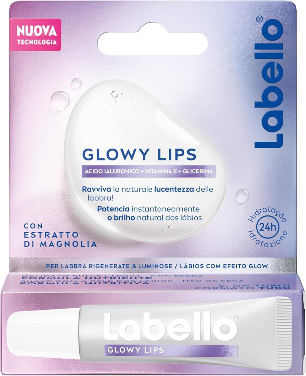 Labello Glowy Lips Magnolia in tubetto da 10 ml, trattamento labbra con acido ialuronico, azione rigenerante 24h ed effetto luminoso che valorizza la naturale luminosità delle labbra.
