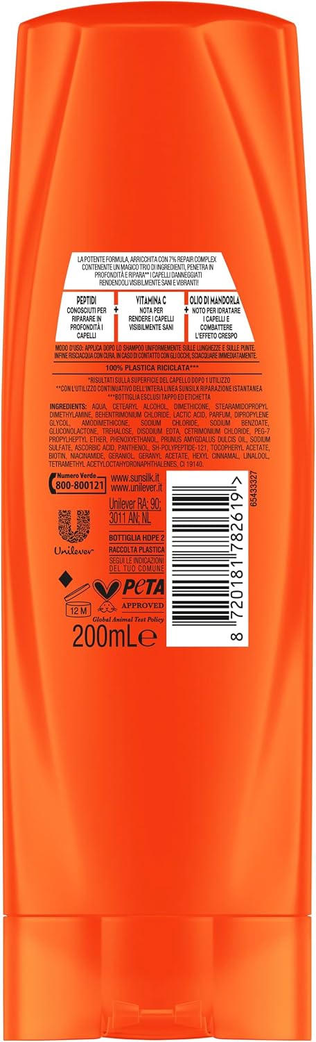 Sunsilk Riparazione Istantanea Balsamo 200ml – 7% Repair Complex con Peptidi, Vitamina C e Olio di Mandorla per Capelli Danneggiati