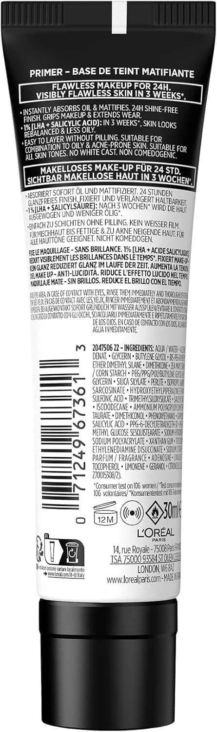 L'Oréal Paris Prime Lab 24H Matte Setter Primer Opacizzante – Trattamento Sebo-Regolatore con 1% LHA + Acido Salicilico – Base Trucco Leggera Anti-Lucidità Lunga Tenuta, 30 ml