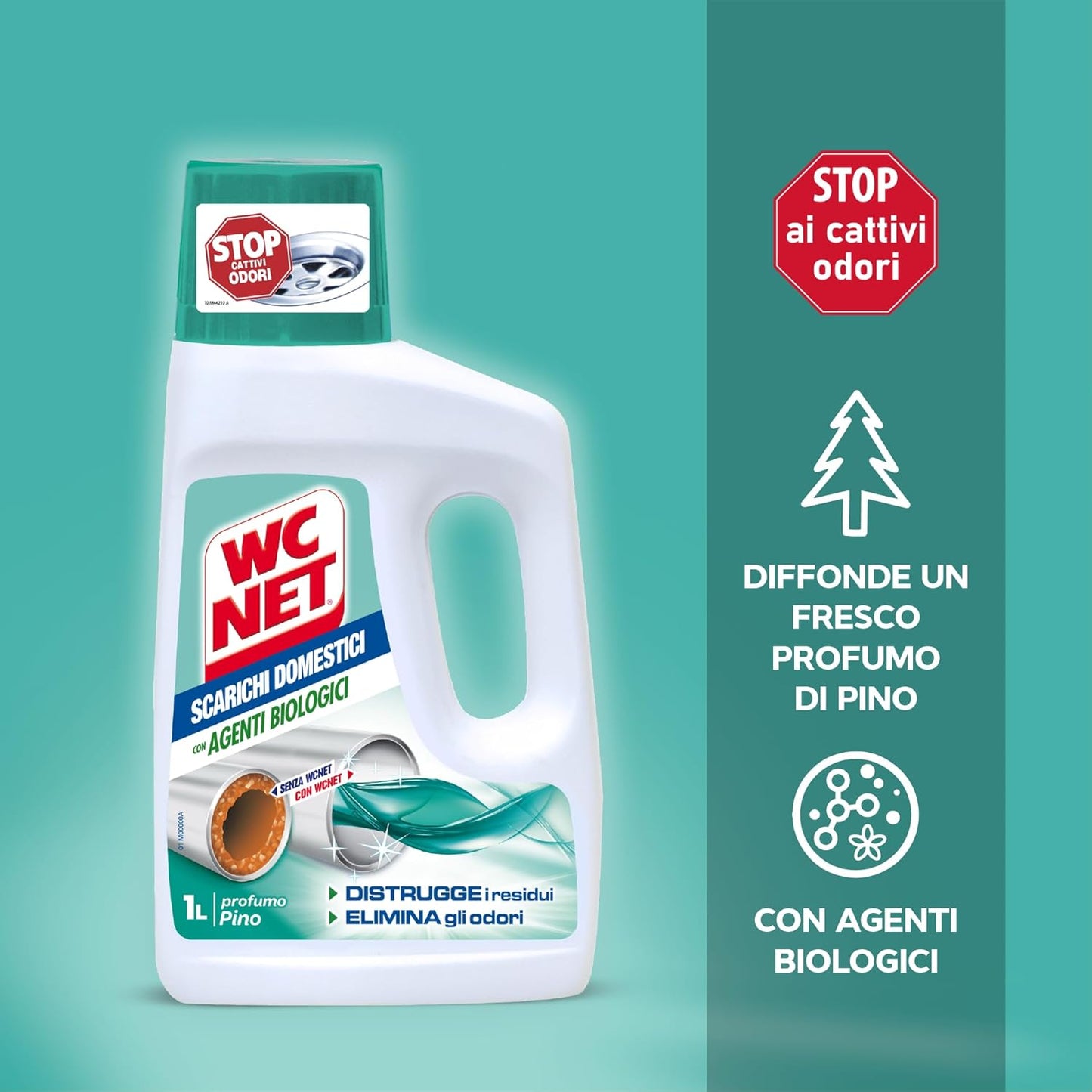 WC Net Scarichi Domestici 1L | Trattamento Biologico Professionale | Anti-Odore Istantaneo e Prevenzione Ingorghi | Fragranza Pino | Sicuro su Tutti i Tubi