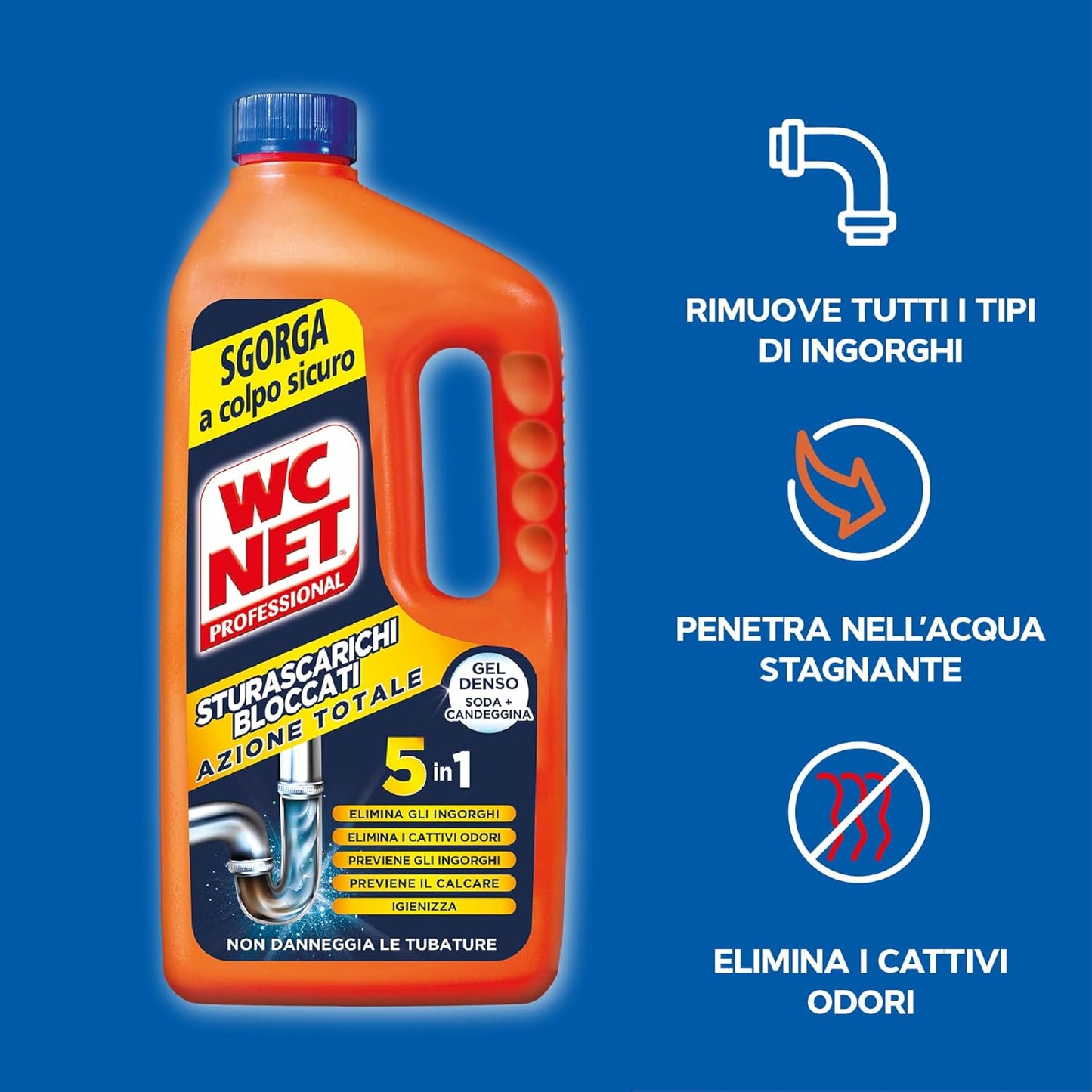 WC Net Professional Sturascarichi Azione Totale 1000ml | Gel Disgorgante 5 in 1 | Scioglie Ingorghi e Protegge Tubature