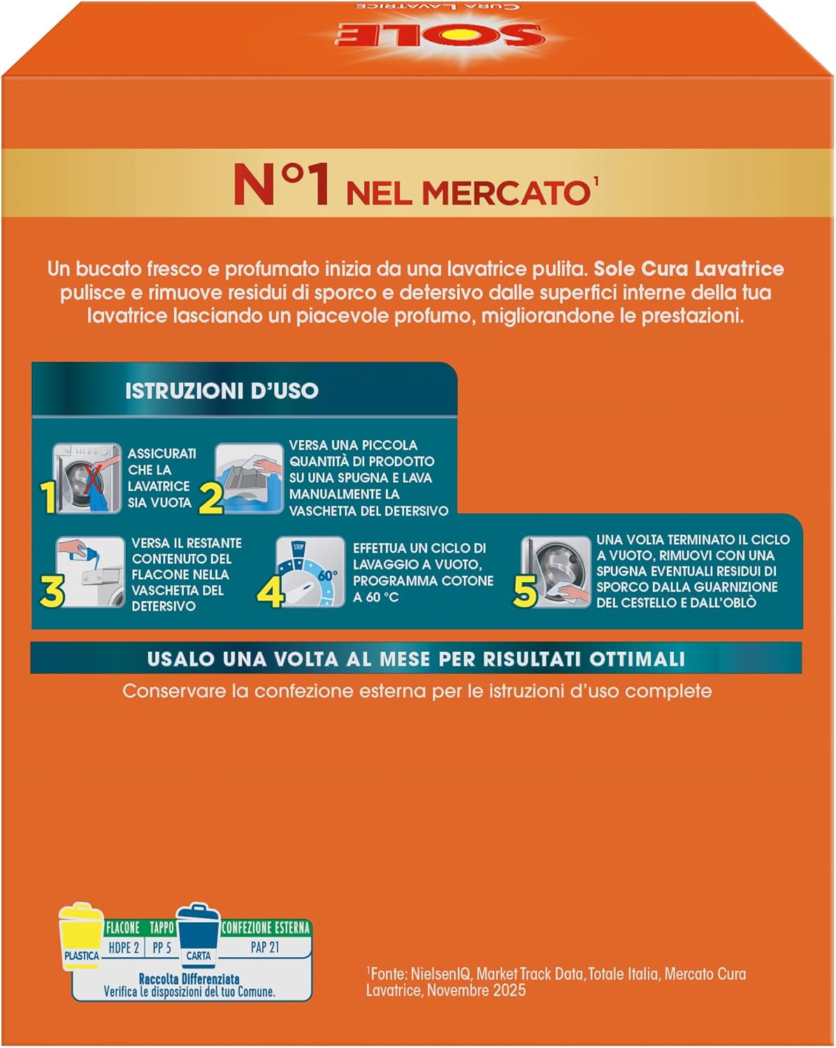 Sole Cura Lavatrice 3in1 agli Agrumi | Pulizia Profonda e Anticalcare | Igienizza e Protegge la Lavatrice | 2 Dosi