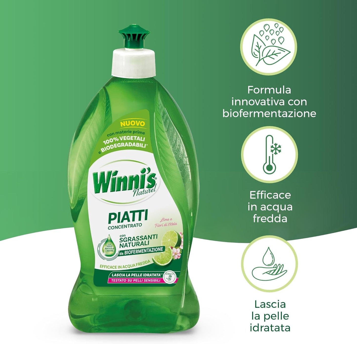 Winni's Piatti Concentrato Lime e Fiori di Mela 480ml – Detergente Ipoallergenico con Sgrassanti da Biofermentazione
