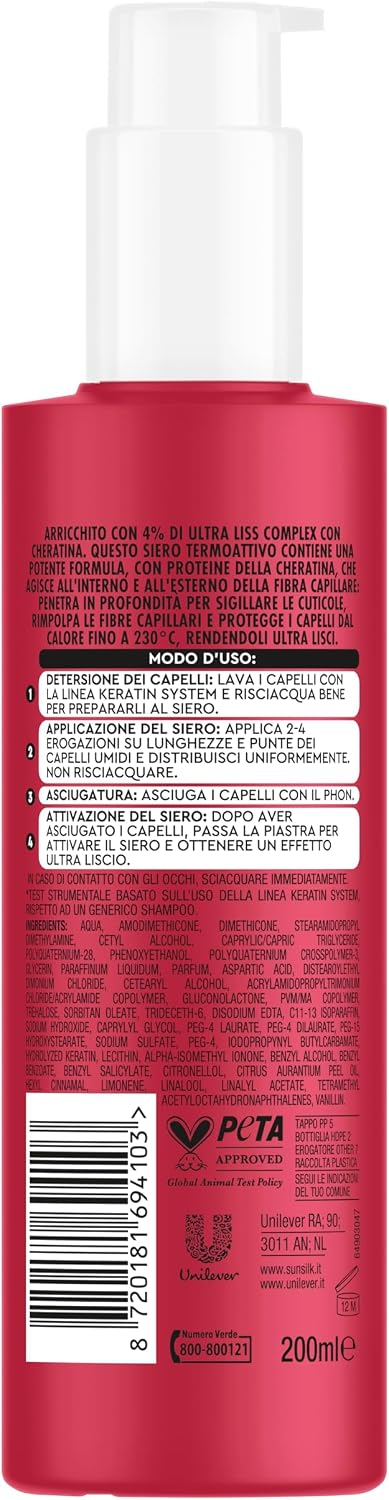 Sunsilk Siero Termoattivo Ultra Liss Complex 200ml | 4% Cheratina | Protezione Calore 230°C | Liscio e Anti-Crespo 72h