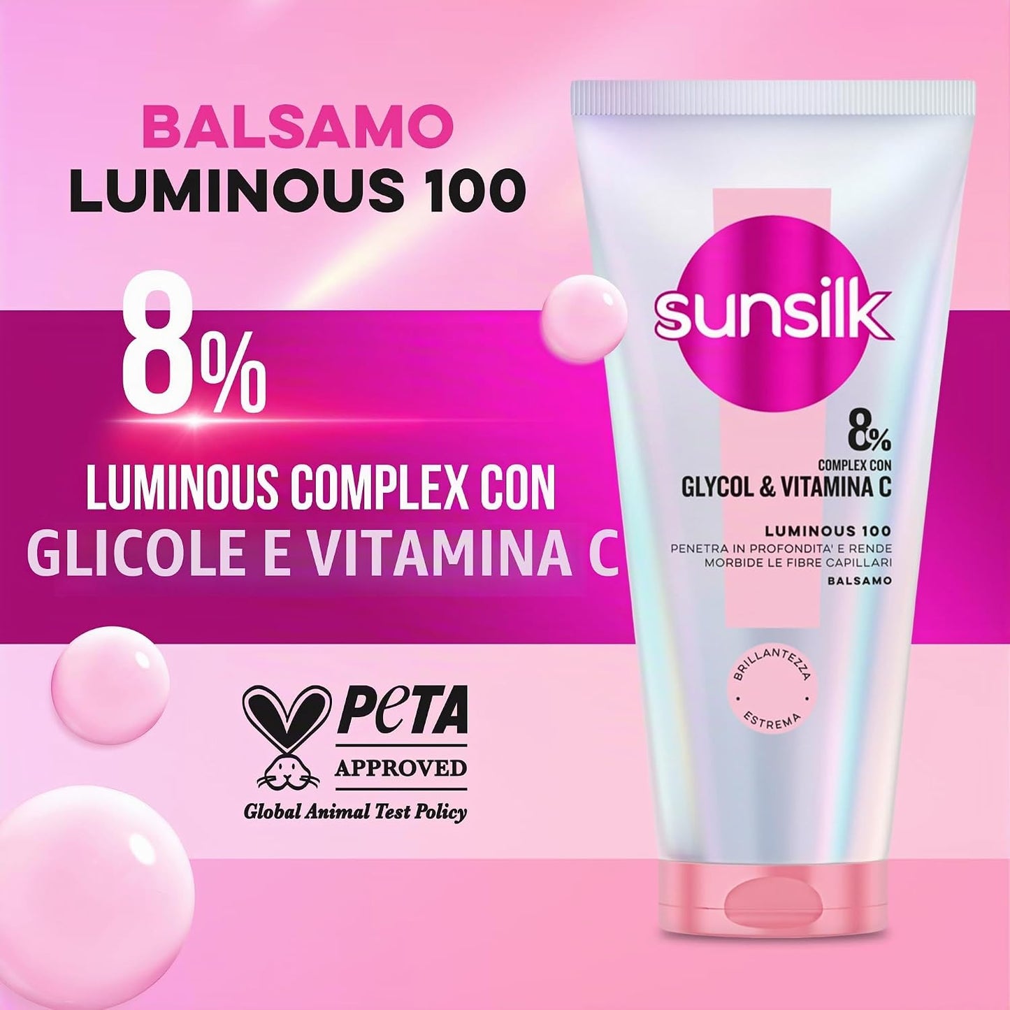 Sunsilk Luminous 100 Balsamo Illuminante 180ml – 8% Complex con Glycol e Vitamina C per Capelli Brillanti Effetto Specchio