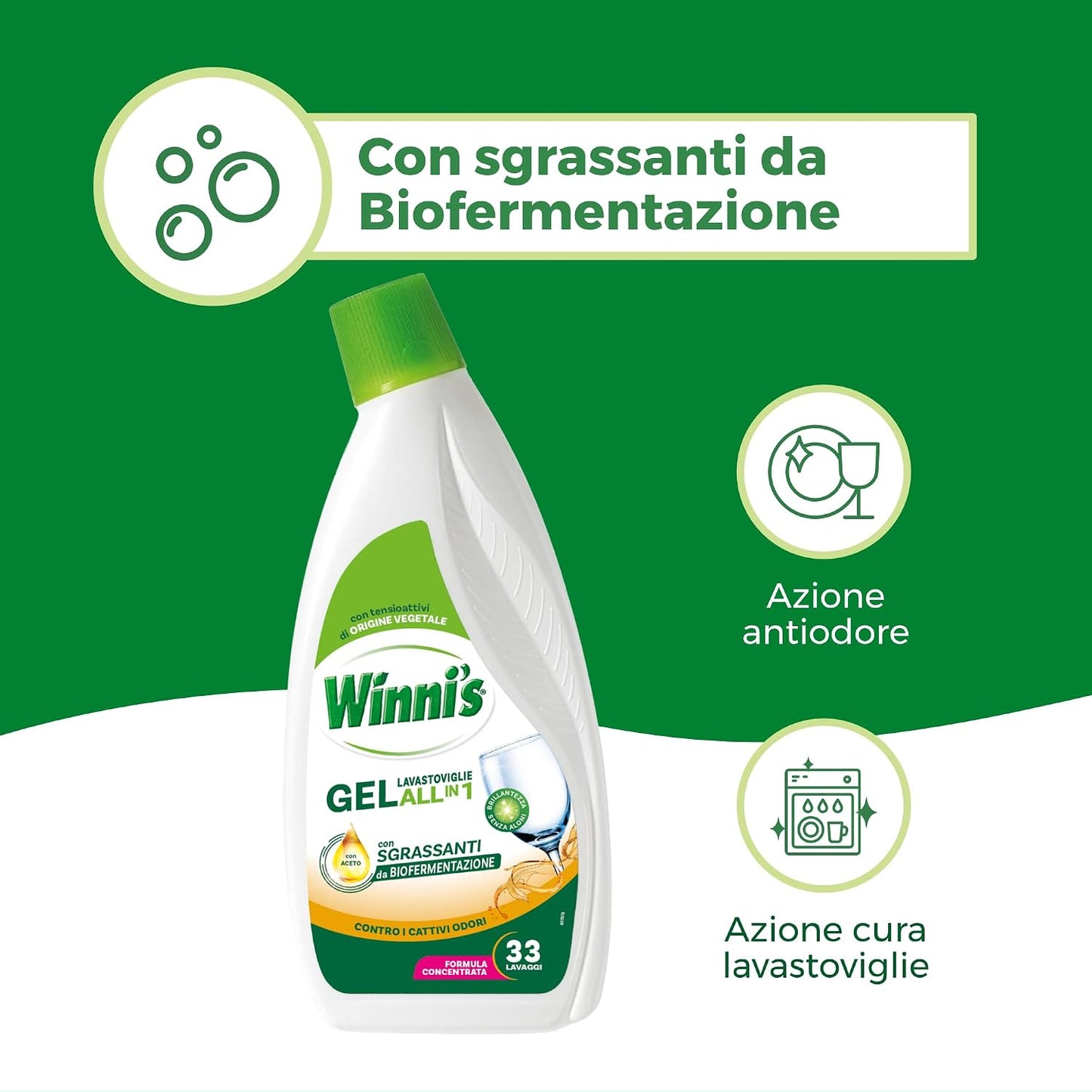 Winni's Gel Lavastoviglie All in 1 561ml 33 Lavaggi Tensioattivi Vegetali – Extra Sgrassante Biofermentazione con Aceto Bio