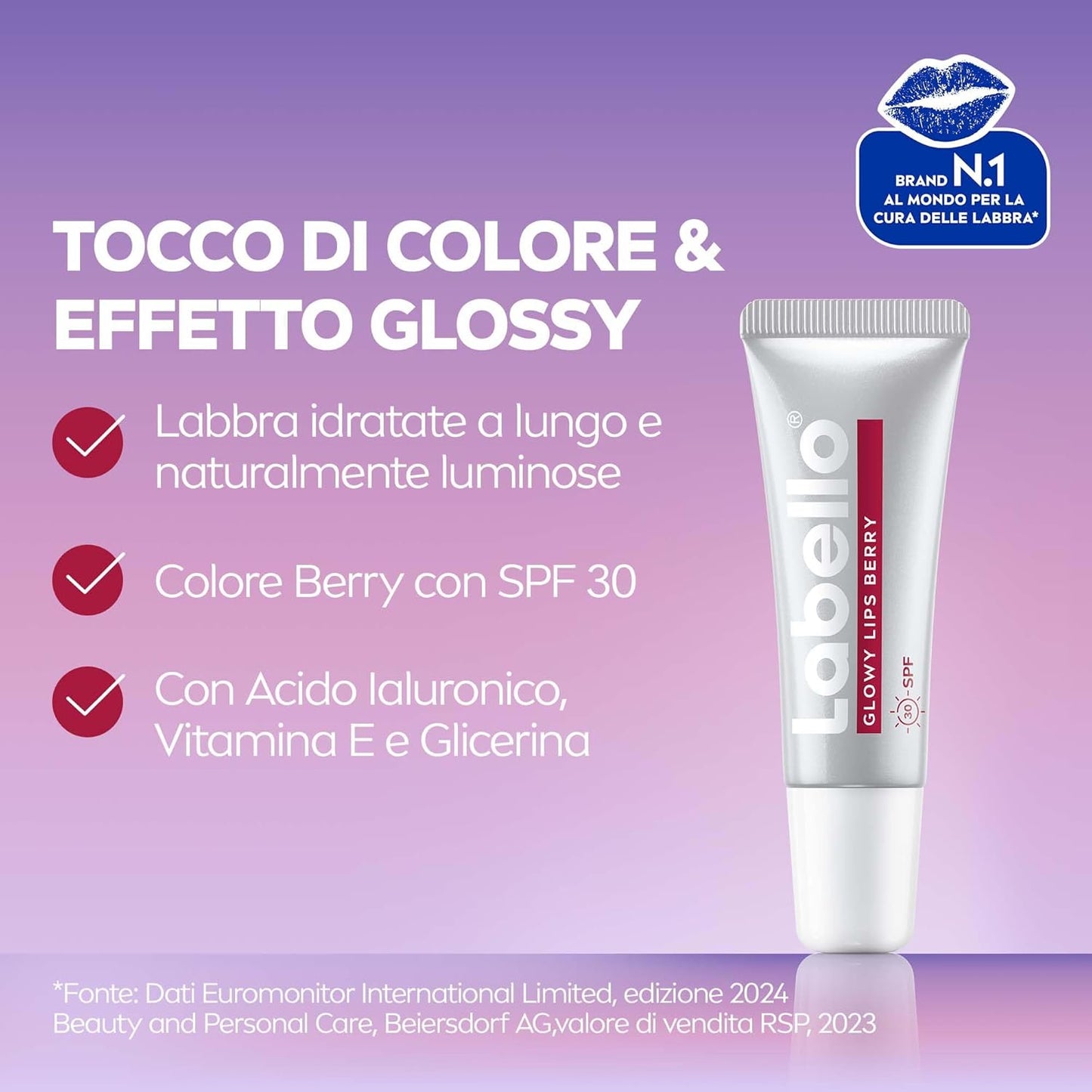 Labello Glowy Lips Berry SPF 30 Tubetto Acido Ialuronico – Balsamo Labbra Glossy e Idratazione Profonda Antietà