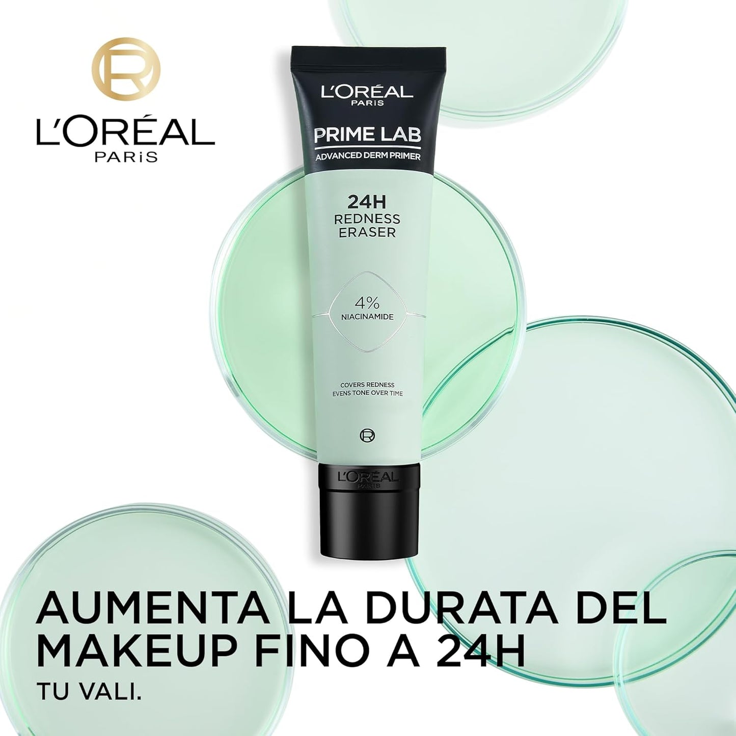 L'Oréal Paris Prime Lab 24H Redness Eraser Primer Correttore Verde – Trattamento Anti-Rossori con 4% Niacinamide – Base Trucco Uniformante Idratante per Incarnati da Chiari a Medi, 30 ml