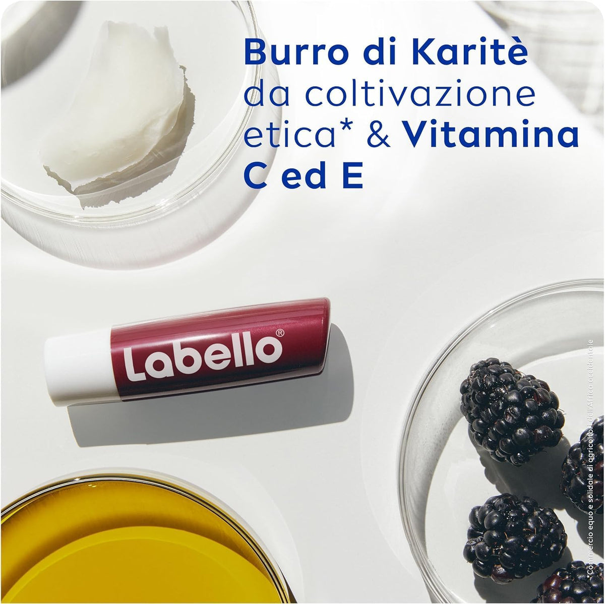 Labello Blackberry Shine Balsamo Labbra Mora Burro di Karité – Burrocacao Vegano Idratazione 24h e Tocco di Colore Luminoso
