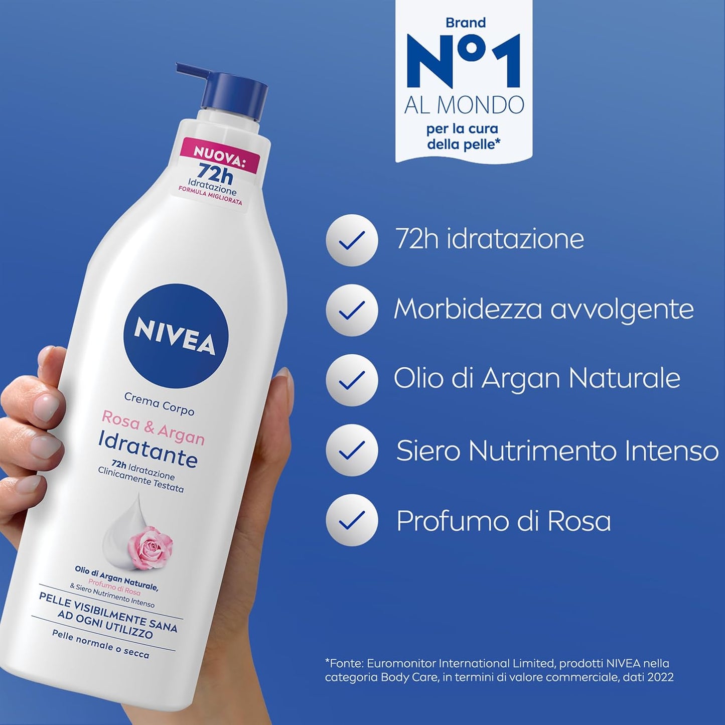 NIVEA Crema Corpo Rosa & Argan Idratante 500ml con Olio di Argan Naturale e Profumo di Rosa – Trattamento Nutriente Antisecchezza 72h ad Assorbimento Rapido