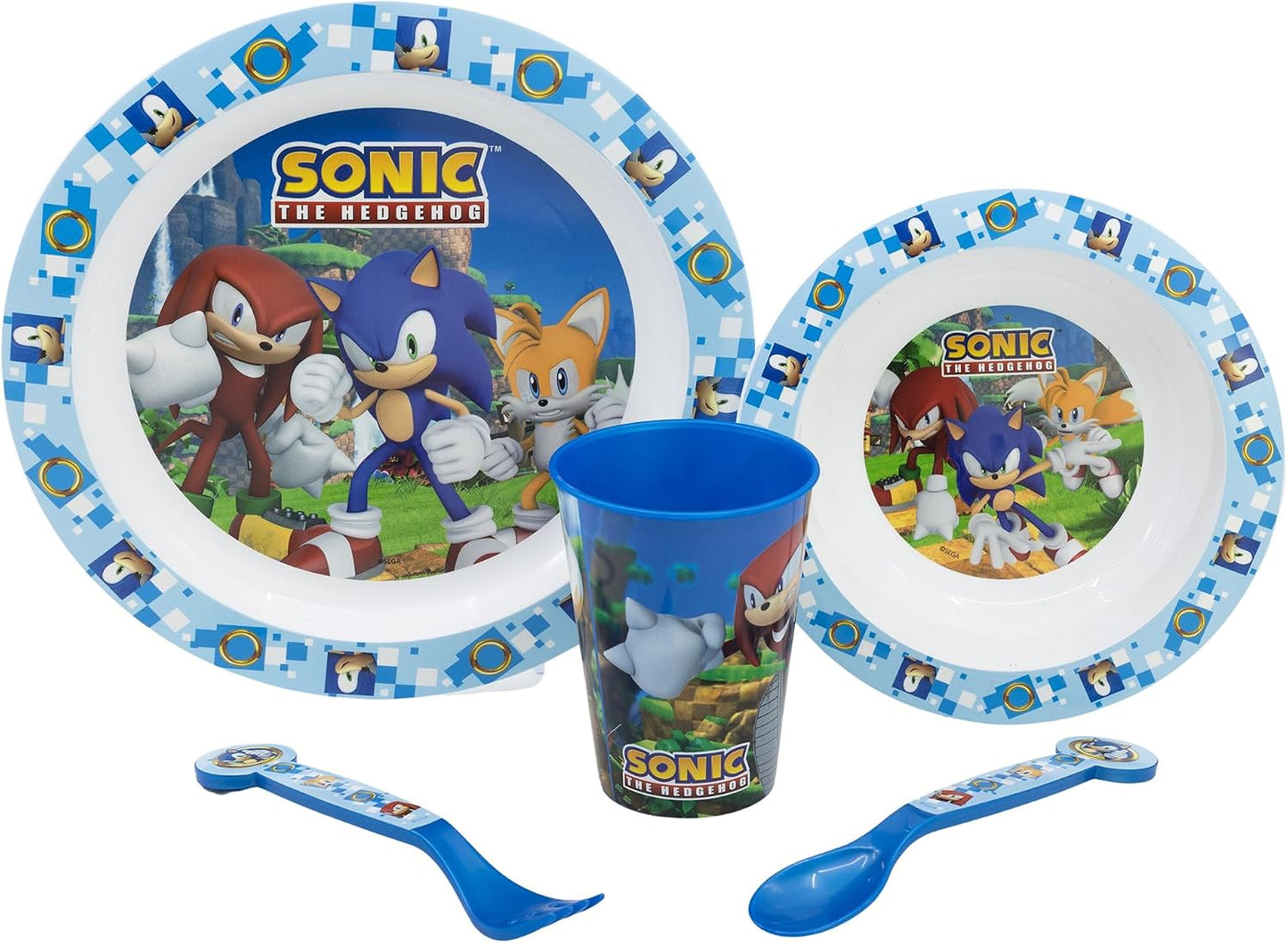 Stor Sonic The Hedgehog Set Stoviglie Bambini 5 Pezzi Plastica Senza BPA – Set Pappa Microonde 600W con Piatto Ciotola Bicchiere e Posate