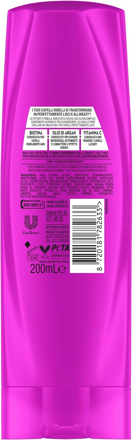 Sunsilk Liscio Perfetto Balsamo 200ml – 6% Liss-Align Complex con Biotina, Olio di Argan e Vitamina C per Capelli Lisci e Anticrespo