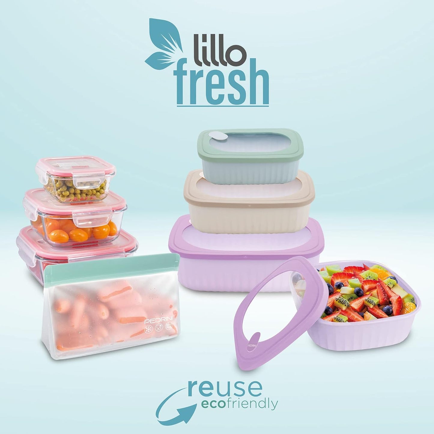 Pedrini Set 3 Contenitori Ermetici Multiuso con Coperchio | Lunchbox Quadrati per Frigo, Freezer e Microonde | Valvola di Sfogo Vapore | BPA Free | 450ml, 850ml, 1,4Lt