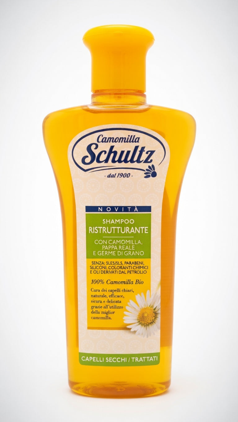 Schultz Shampoo Ristrutturante 250 ml con camomilla bio pappa reale e germe di grano per capelli chiari secchi e danneggiati azione nutriente e ristrutturante senza siliconi e parabeni