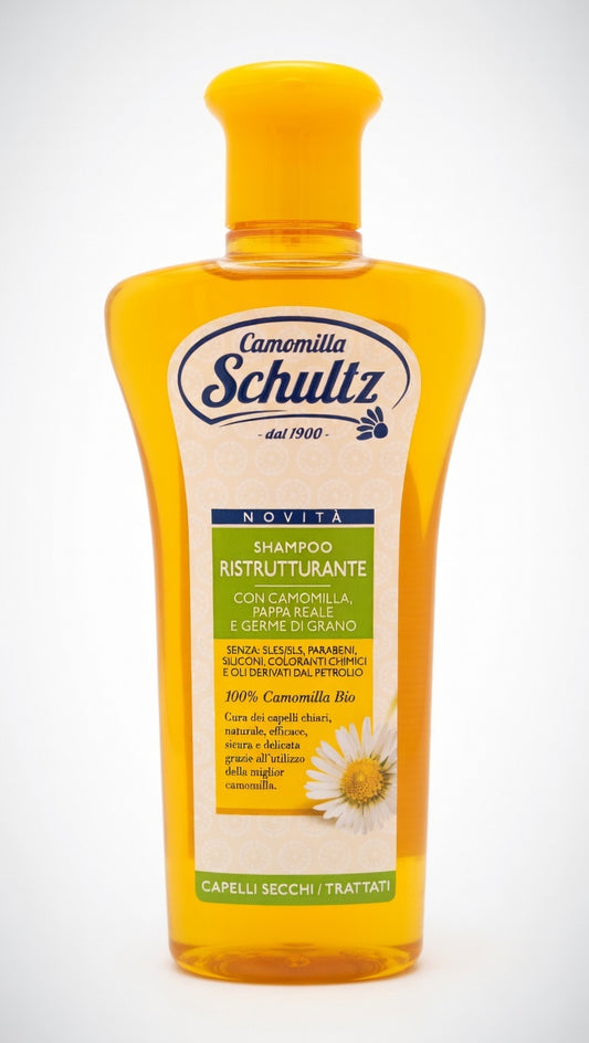 Schultz Shampoo Ristrutturante 250 ml con camomilla bio pappa reale e germe di grano per capelli chiari secchi e danneggiati azione nutriente e ristrutturante senza siliconi e parabeni