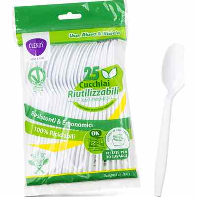 Clendy Cucchiai Riutilizzabili Bianchi | Confezione da 25 Pezzi | Posate Lavabili in Lavastoviglie e Resistenti al Microonde | Alternativa Eco-Sostenibile e Robusta