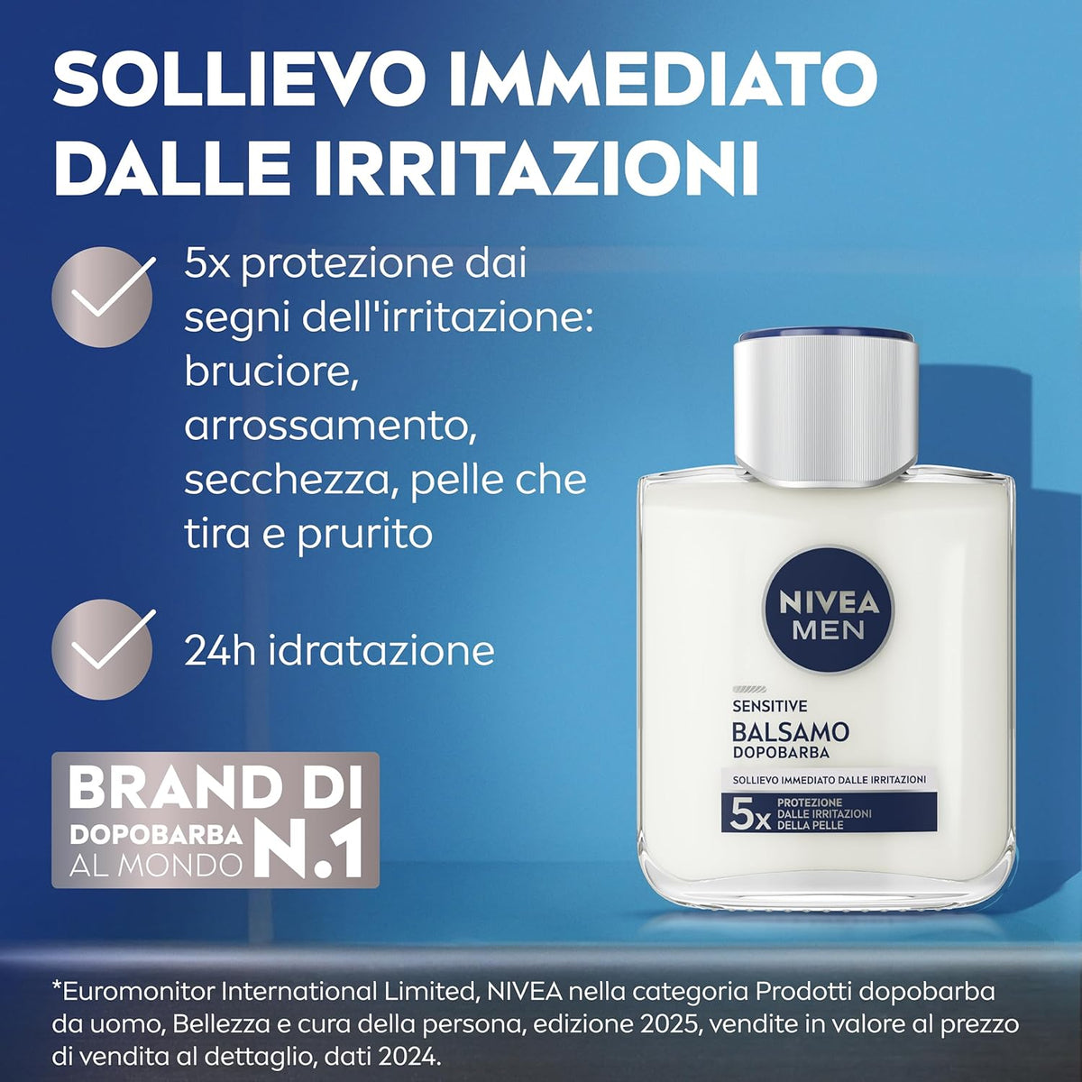 Nivea Men Sensitive Balsamo Dopobarba 100ml – 0% Alcool con Camomilla & Hamamelis – Soluzione Anti-Irritazione 5 Segni