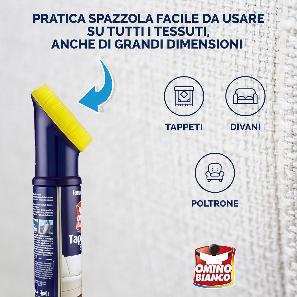 Omino Bianco Tappeti & Sofà 300 ml | Schiuma Detergente Anti-Odore | Elimina Sporco e Odori di Fumo, Cibo e Animali Domestici | Con Spazzola Integrata