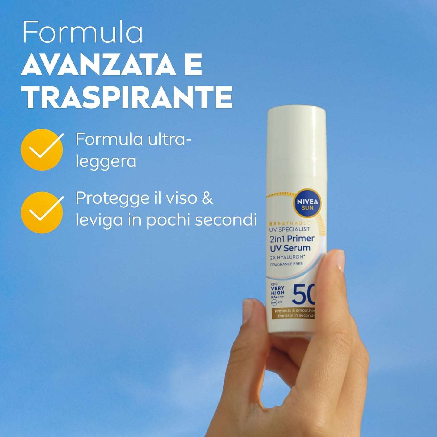 NIVEA SUN Siero Viso 2in1 Breathable UV Specialist SPF50+ 30ml – Primer Viso Invisibile all'Acido Ialuronico IDRO-FLUIDO