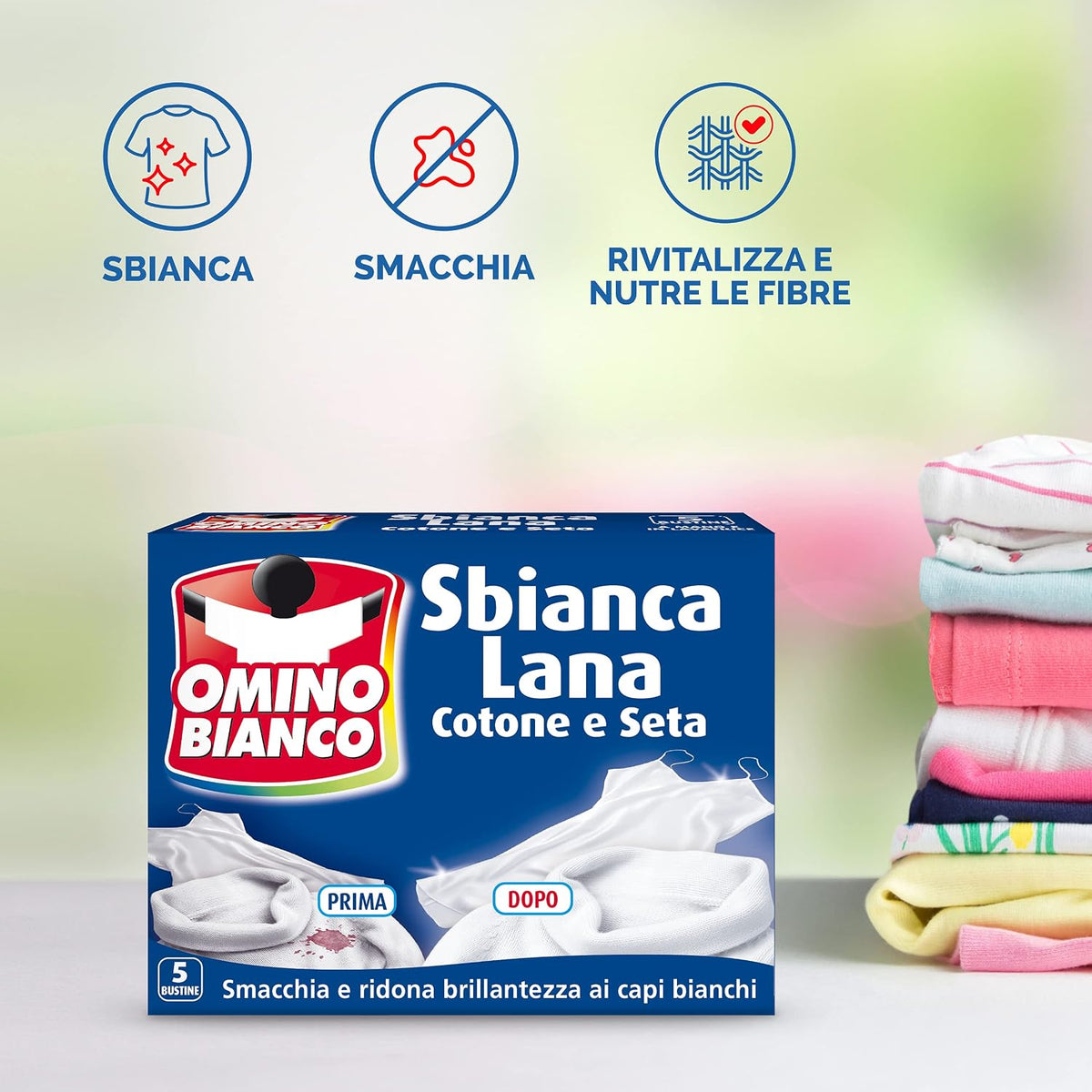 Omino Bianco Sbianca Lana e Delicati | 5 Buste Monodose | Azione Anti-Ingiallimento per Lana, Seta e Lino | Protegge e Rigenera