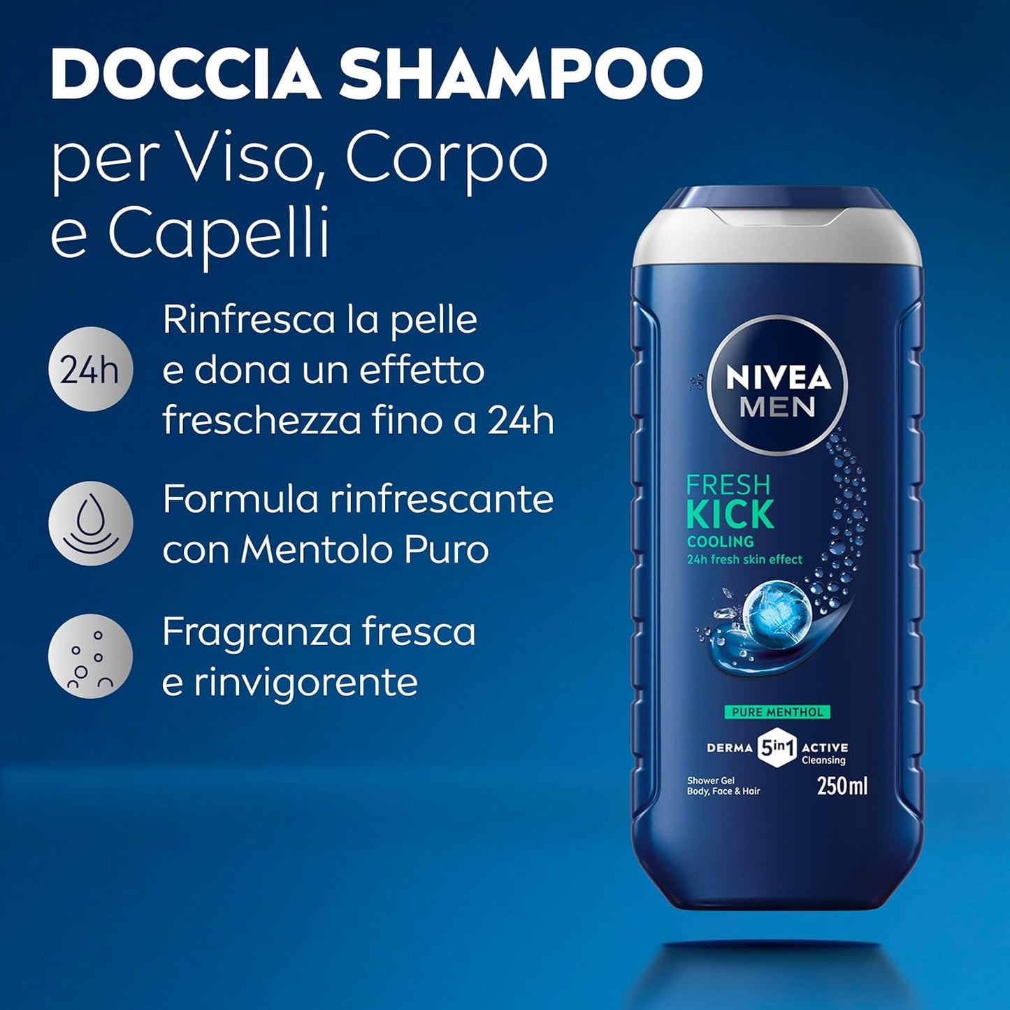 NIVEA MEN Doccia Shampoo Fresh Kick 250 ml – Docciaschiuma Uomo 3 in 1 per Viso, Corpo e Capelli – Con Mentolo Puro e Profumo di Menta Glaciale