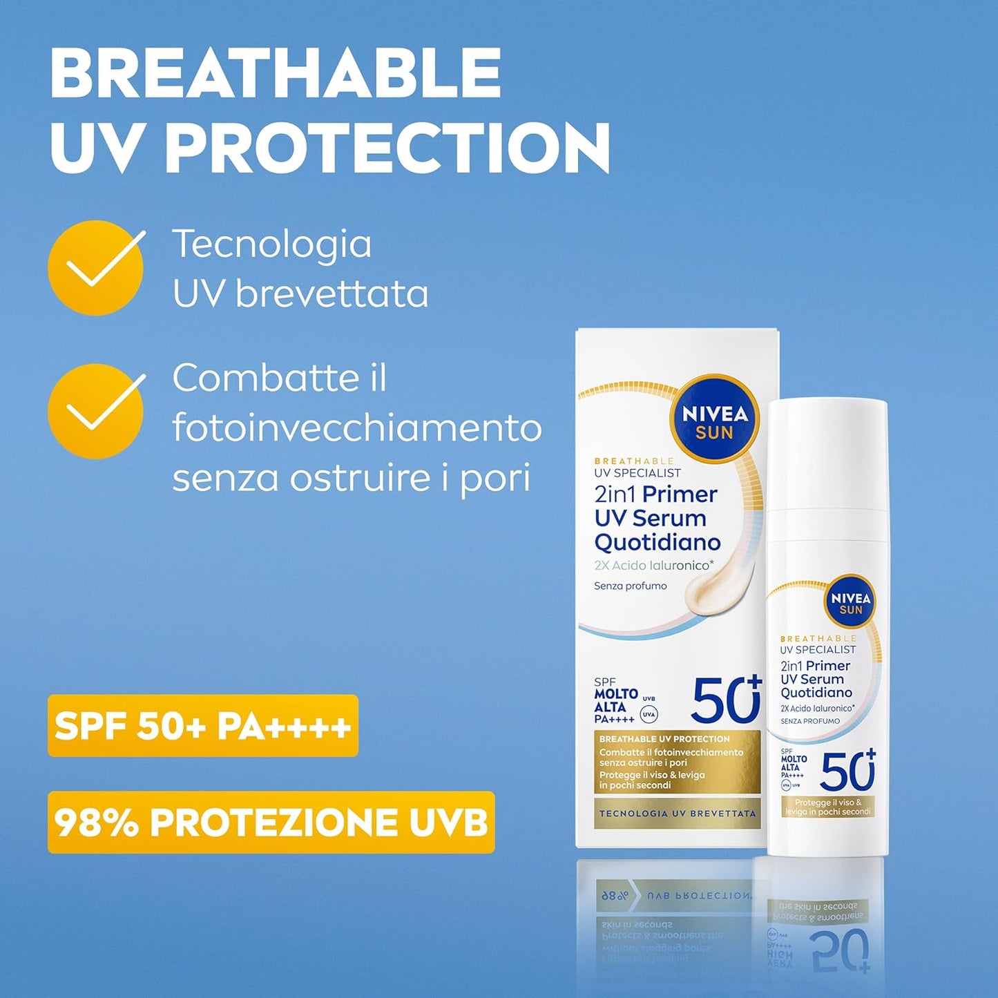 NIVEA SUN Siero Viso 2in1 Breathable UV Specialist SPF50+ 30ml – Primer Viso Invisibile all'Acido Ialuronico IDRO-FLUIDO
