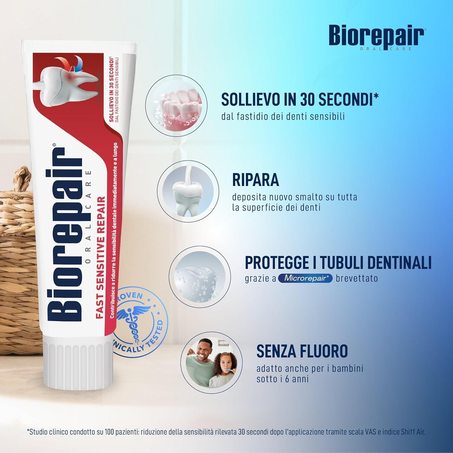 Biorepair Dentifricio Fast Sensitive Repair 60 ml | Ripara Smalto e Dentina con microRepair® | Sollievo Immediato dalla Sensibilità Dentale | Senza Fluoro | 100% Smalto Riparato