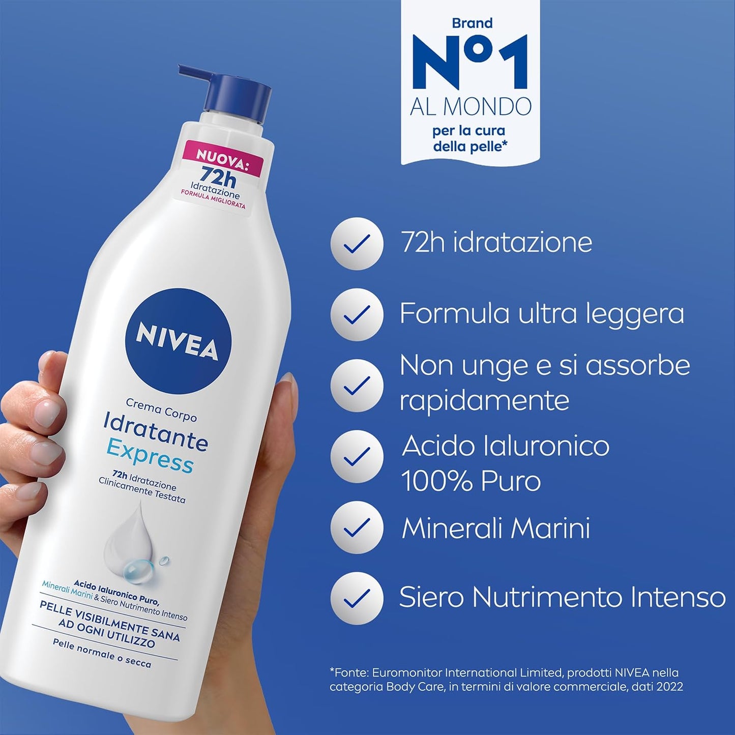 NIVEA Crema Corpo Idratante Express 500ml | Idratazione 72h con Acido Ialuronico Puro e Minerali Marini | Per Pelle Normale o Secca