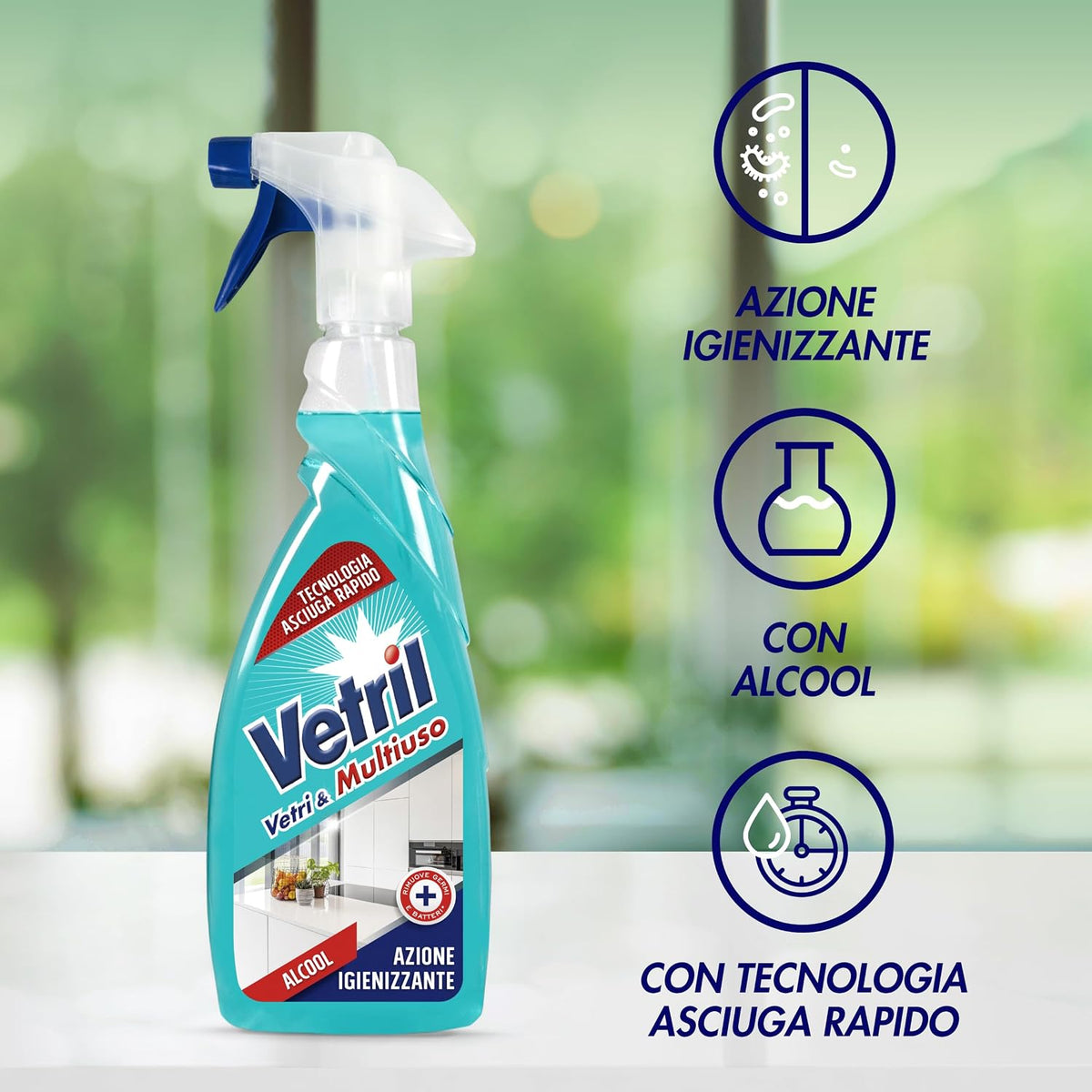 Vetril Igienizzante Spray 650ml | Detergente Multiuso con Alcool | Azione Meccanica Anti-Germi e Batteri | Trasparenza Zero Aloni Senza Risciacquo