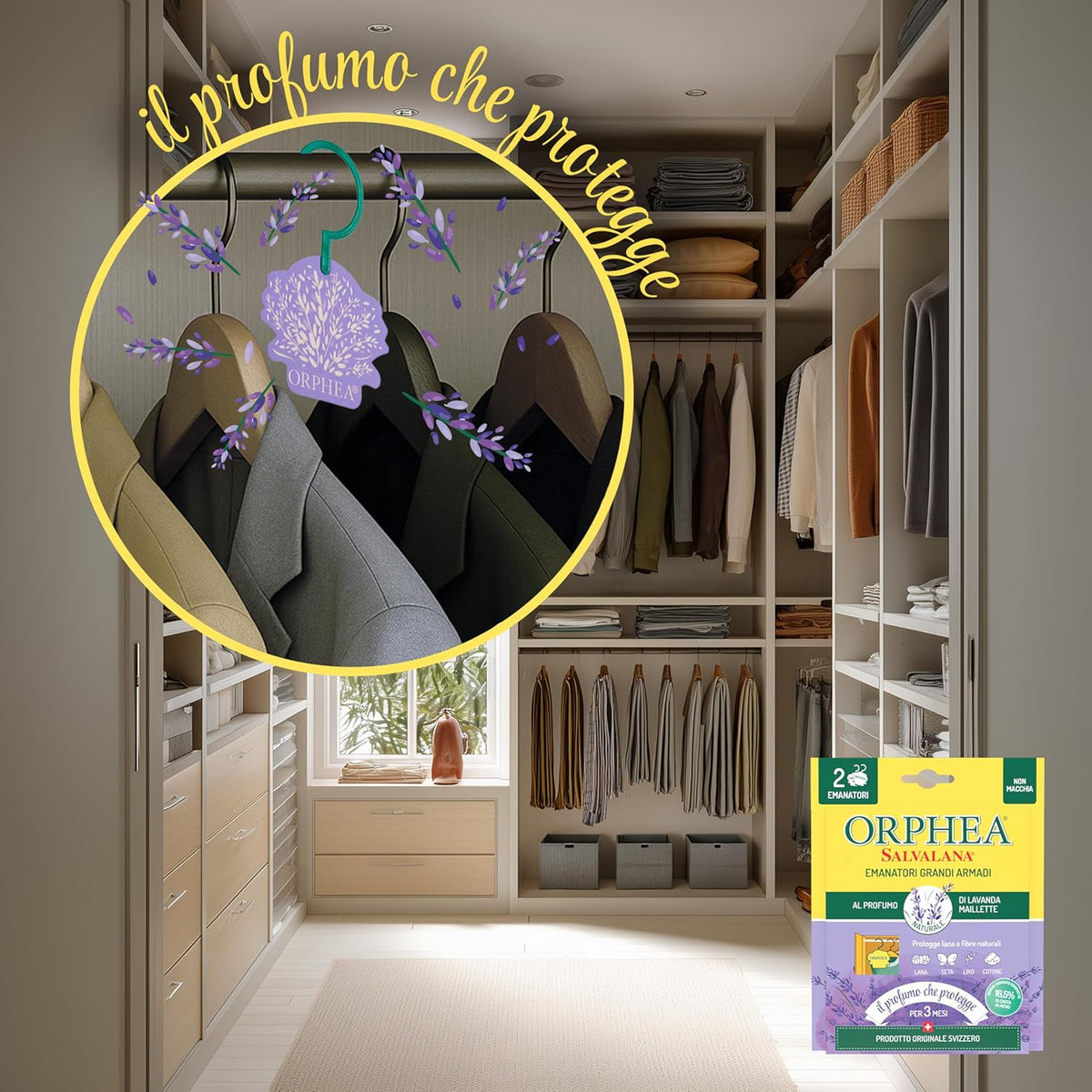 Orphea Salvalana Emanatori Grandi Armadi | Lavanda Maillette | Protezione Attiva 3 Mesi | Per Lana, Seta e Cashmere | 2 Pezzi Appendibili