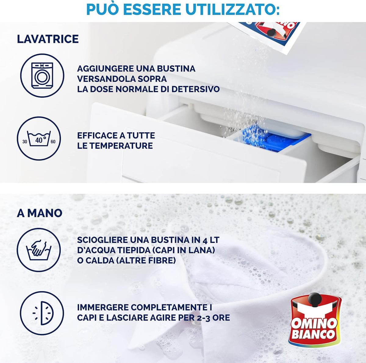 Omino Bianco Sbianca Lana e Delicati | 5 Buste Monodose | Azione Anti-Ingiallimento per Lana, Seta e Lino | Protegge e Rigenera