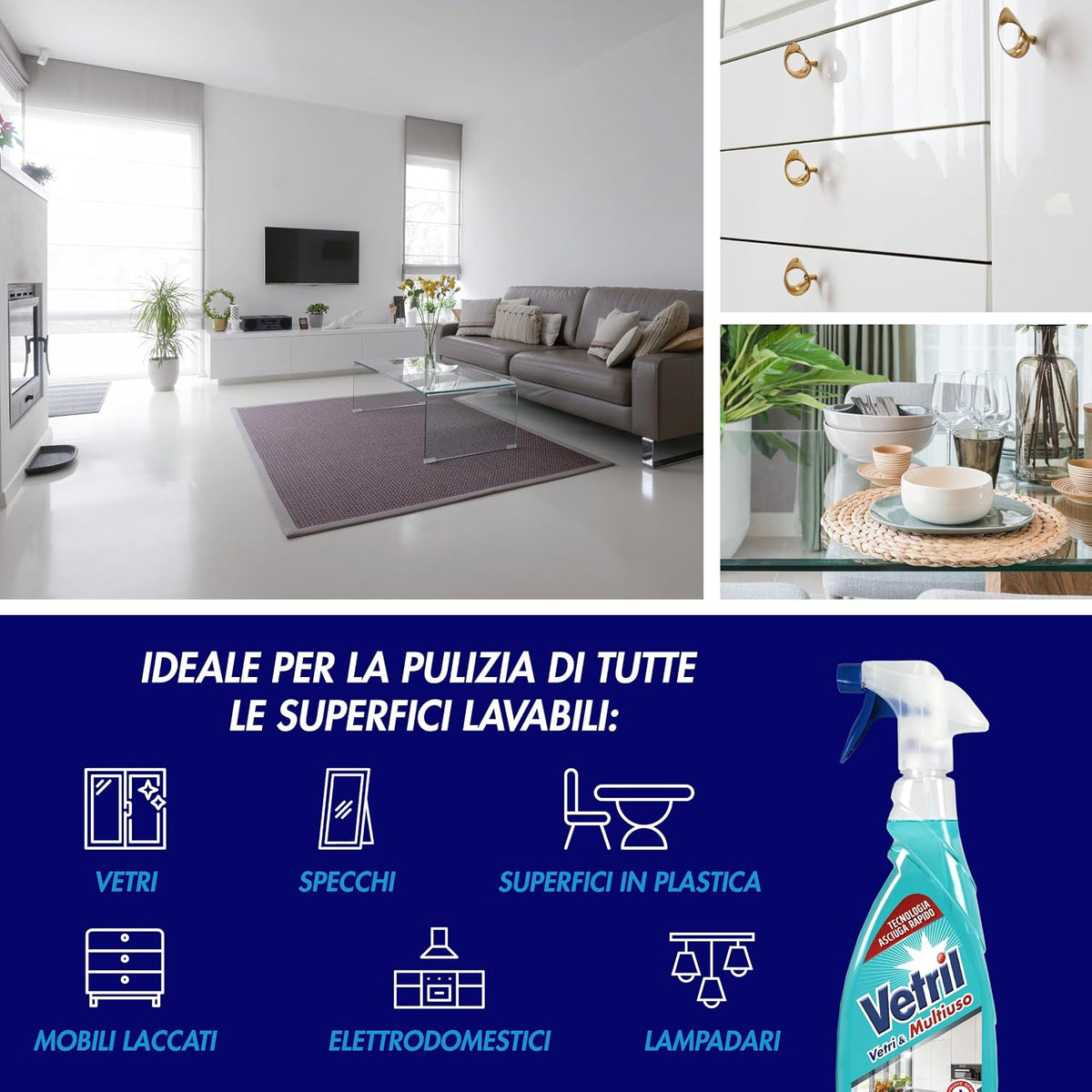 Vetril Igienizzante Spray 650ml | Detergente Multiuso con Alcool | Azione Meccanica Anti-Germi e Batteri | Trasparenza Zero Aloni Senza Risciacquo