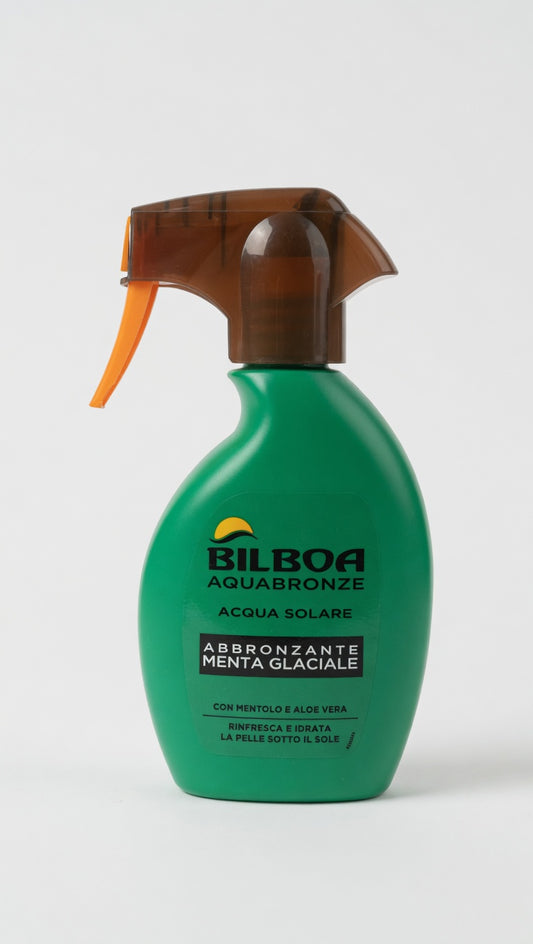 Bilboa Aquabronze Acqua Solare Abbronzante Menta Glaciale 250ml | Effetto Rinfrescante con Cristalli di Mentolo e Aloe Vera | Pelle Morbida e Idratata | Senza SPF