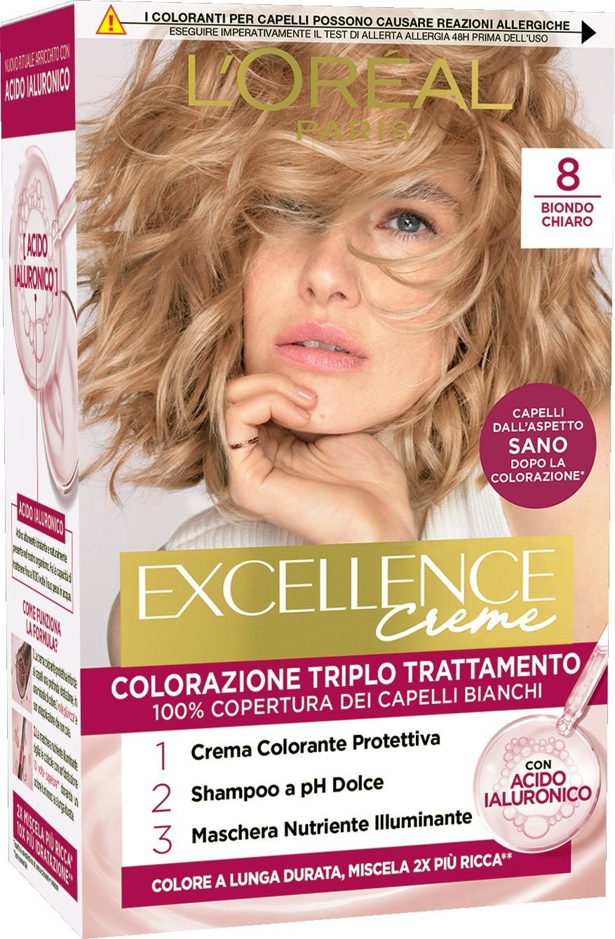 L'Oréal Paris Excellence Crème – Colorazione Permanente Triplo Trattamento con Acido Ialuronico – 100% Copertura Capelli Bianchi