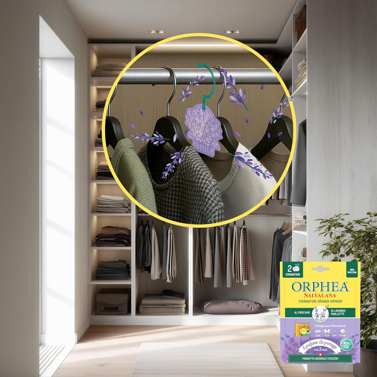 Orphea Salvalana Emanatori Grandi Armadi | Lavanda Maillette | Protezione Attiva 3 Mesi | Per Lana, Seta e Cashmere | 2 Pezzi Appendibili