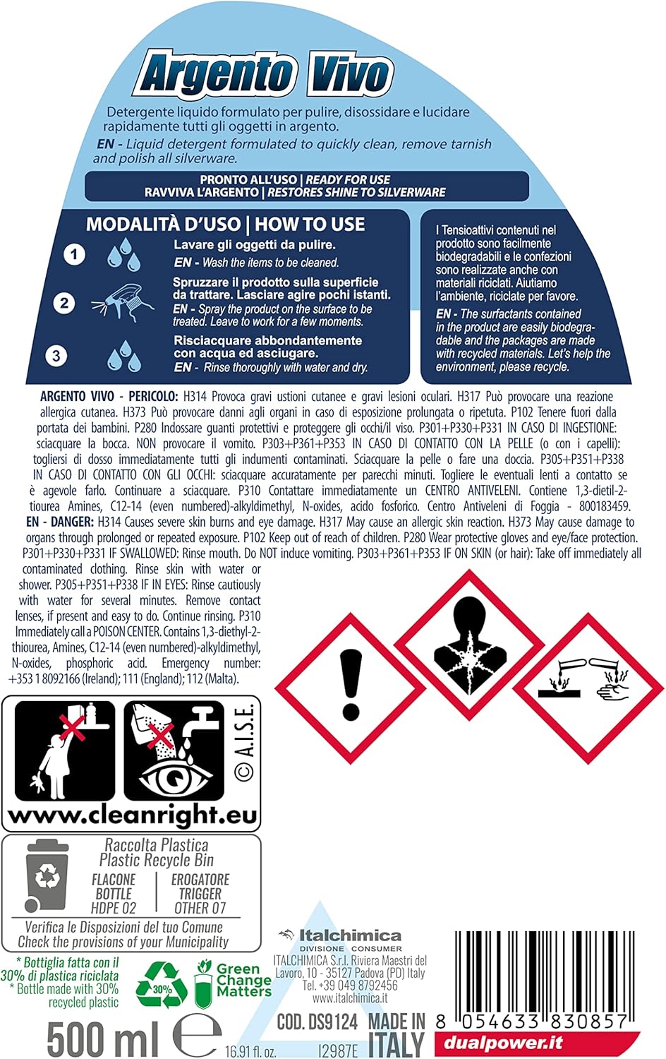 Dual Power Argento Vivo 500ml – Detergente Liquido Professionale Anti-Ossidante – Triplice Azione: Pulisce, Disossida e Ravviva – Per Gioielli, Posate e Vassoi