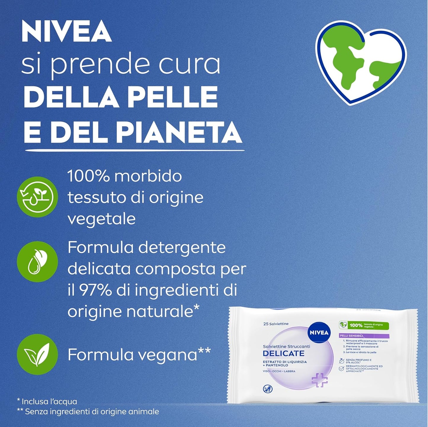 NIVEA Salviettine Struccanti Delicate 25 Pezzi | Viso, Occhi e Labbra | Per Trucco Waterproof e SPF | Con Liquirizia e Pantenolo | 0% Alcol e Profumo